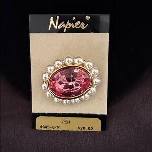 Vintage Napier Gold Brooch with Pink Gem and Pearl Accents